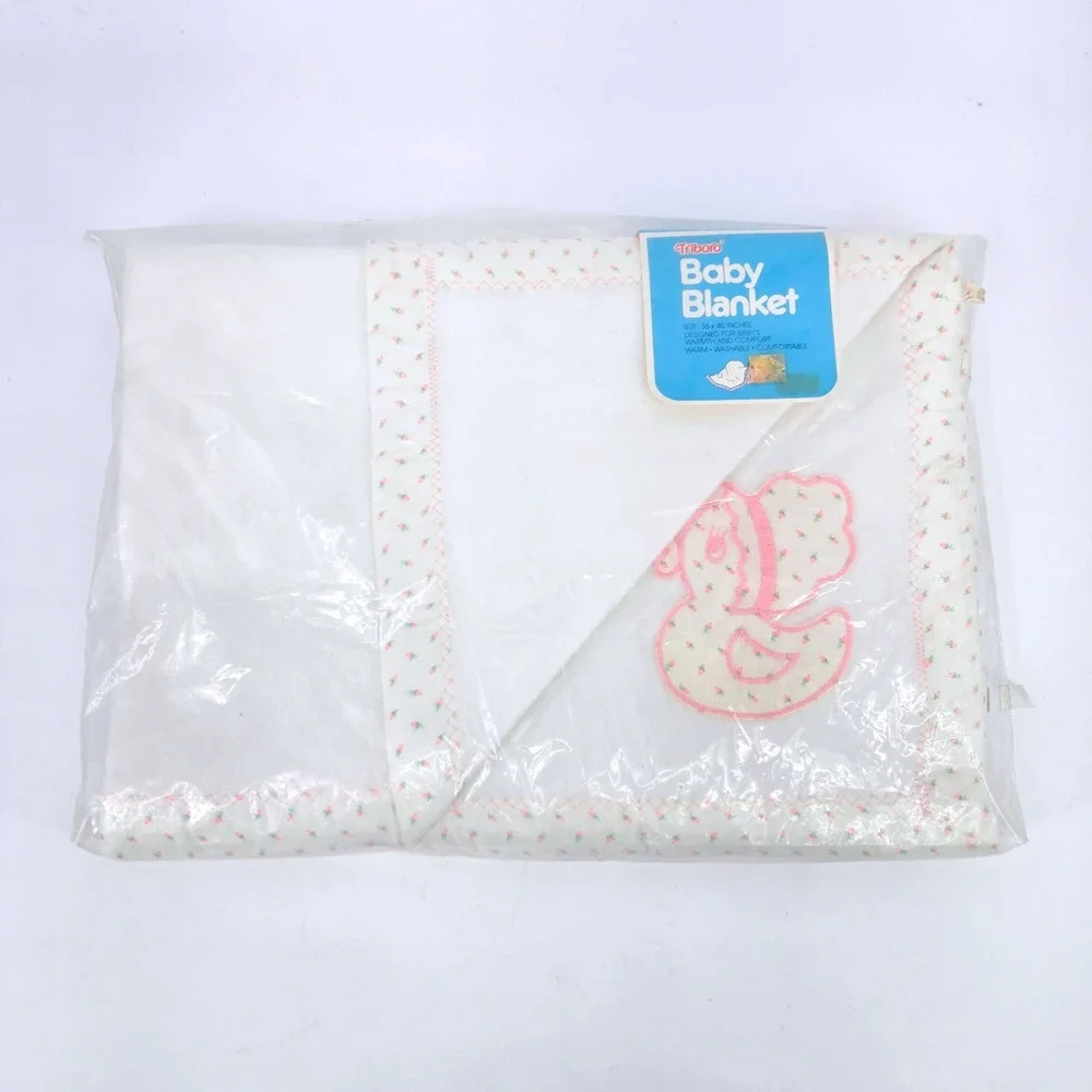 Triboro Pink Rosebud Duck Applique Baby Fleece Crib Blanket NIB 90s Vintage NEW